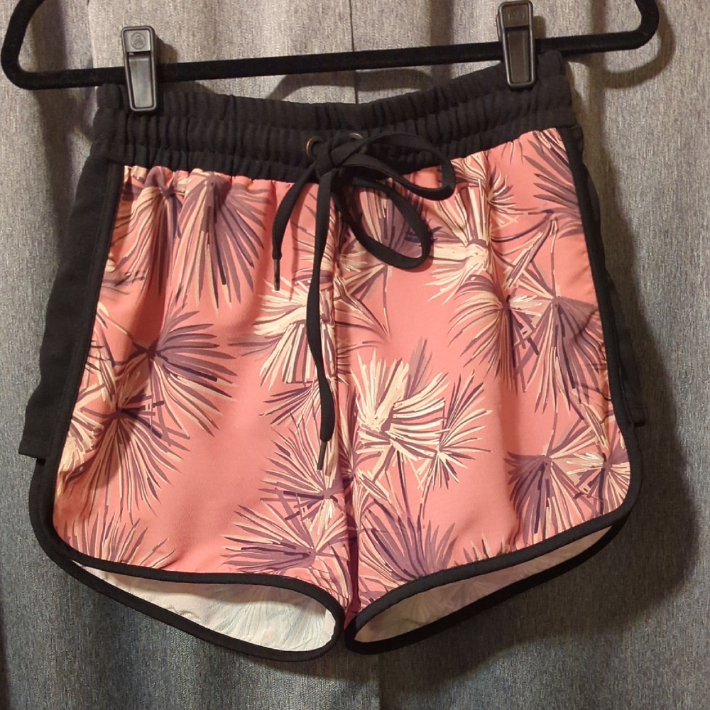 Women's Pink Palm-Print Athletic Drawstring Shorts with Black Trim